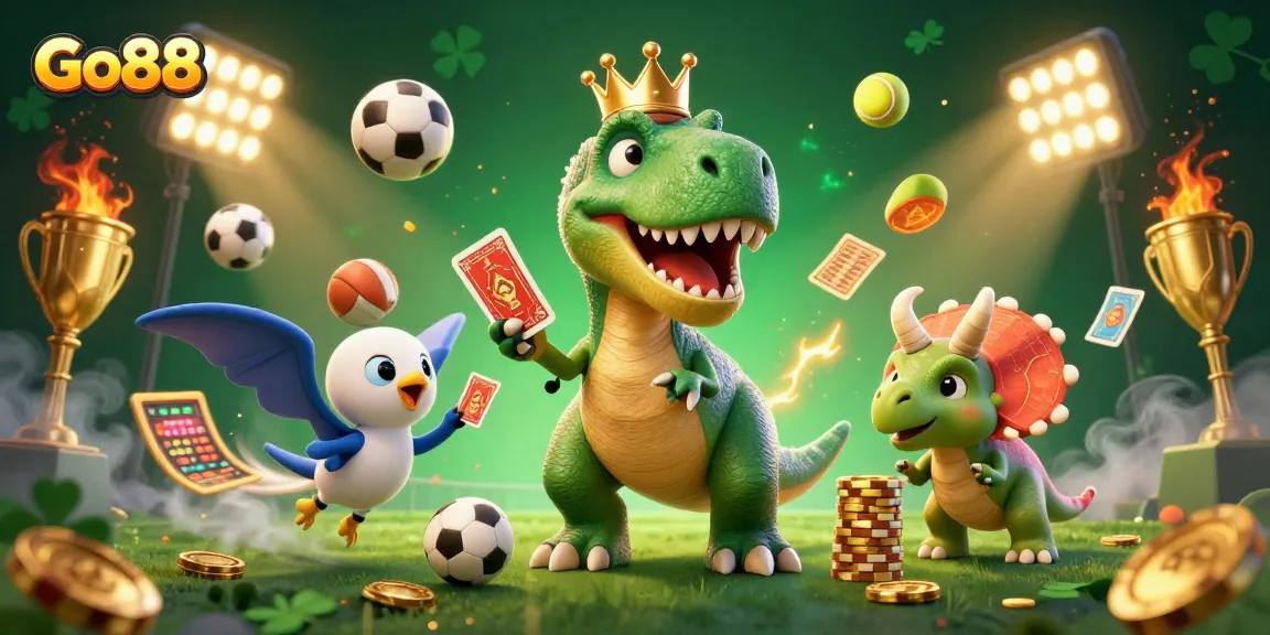 Experience the thrilling games at Go88 with friendly dinosaur characters enjoying sports and gambling adventures.