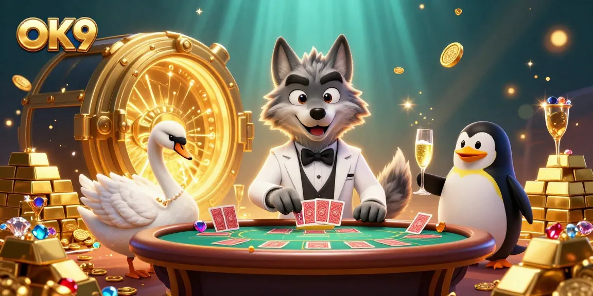 Experience the excitement at OK9 as the elegant characters deal cards and present champagne in a lively casino atmosphere.