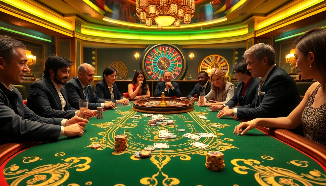 Engaging in a thrilling uu88 bet at a luxurious poker table in a vibrant casino setting.