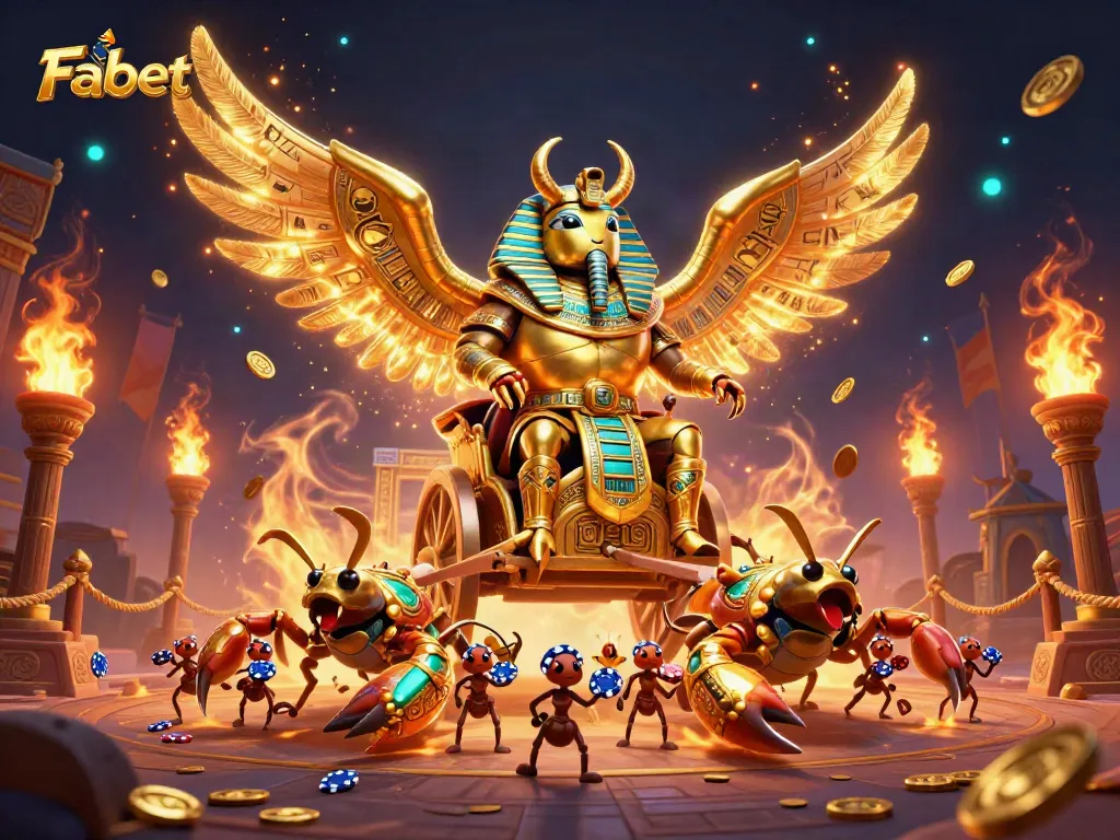 Experience the excitement of Fabet with a colossal golden scarab beetle in a dynamic casino scene.