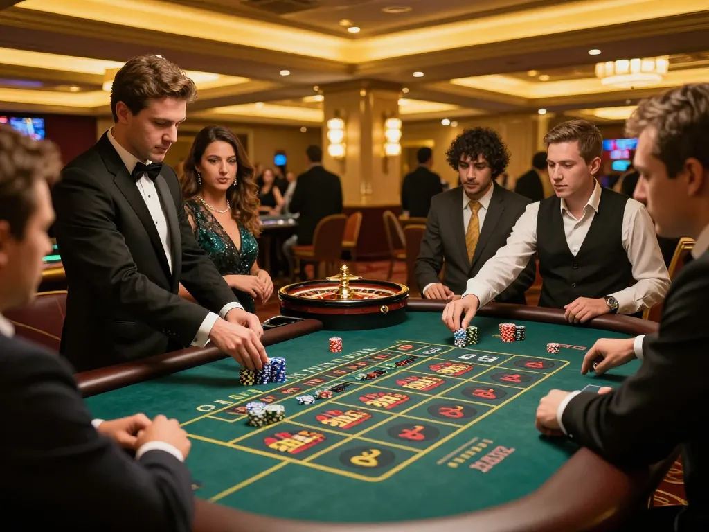 VT88 players excitedly placing bets at a roulette table in a lively casino environment.