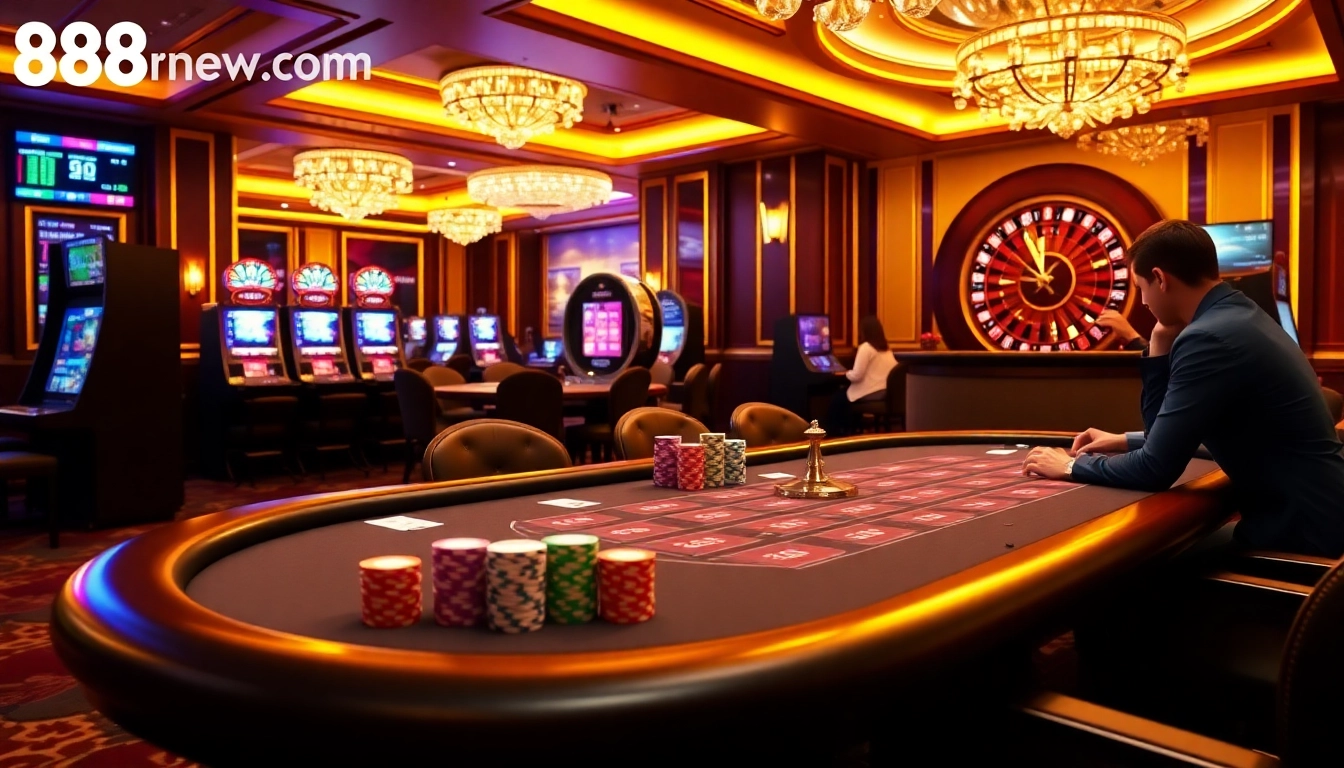 Gambling action at the luxurious 888new.com casino showcasing poker and exciting slot machines.