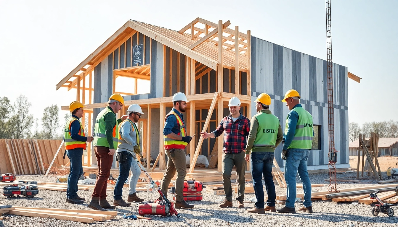 Fortschrittliche Techniken beim Haus bauen auf einer Baustelle mit Bauarbeitern und Werkzeugen.