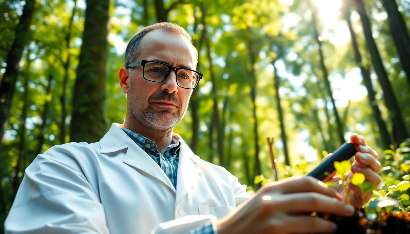 Umweltforschung durch einen Wissenschaftler in einem grünen Wald mit modernen Geräten.