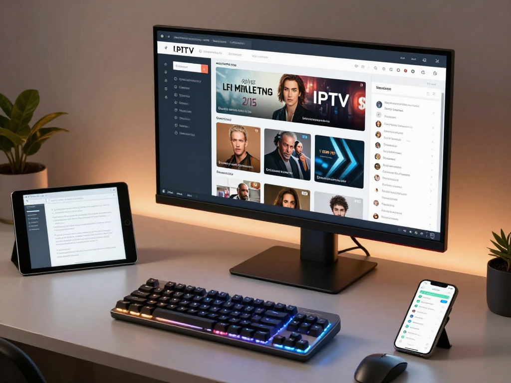 IPTV subscription management dashboard in a modern developer workspace, showcasing software development and digital platform integration.