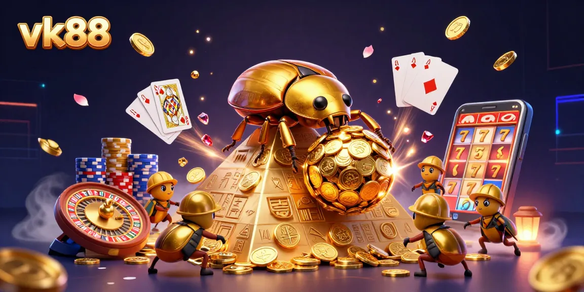 Engage with vk88 showcases of casino action, featuring golden beetles and rich gaming elements.