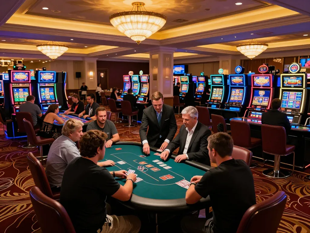 TG88 players enjoying an exciting poker game at a lively casino table under warm chandeliers.