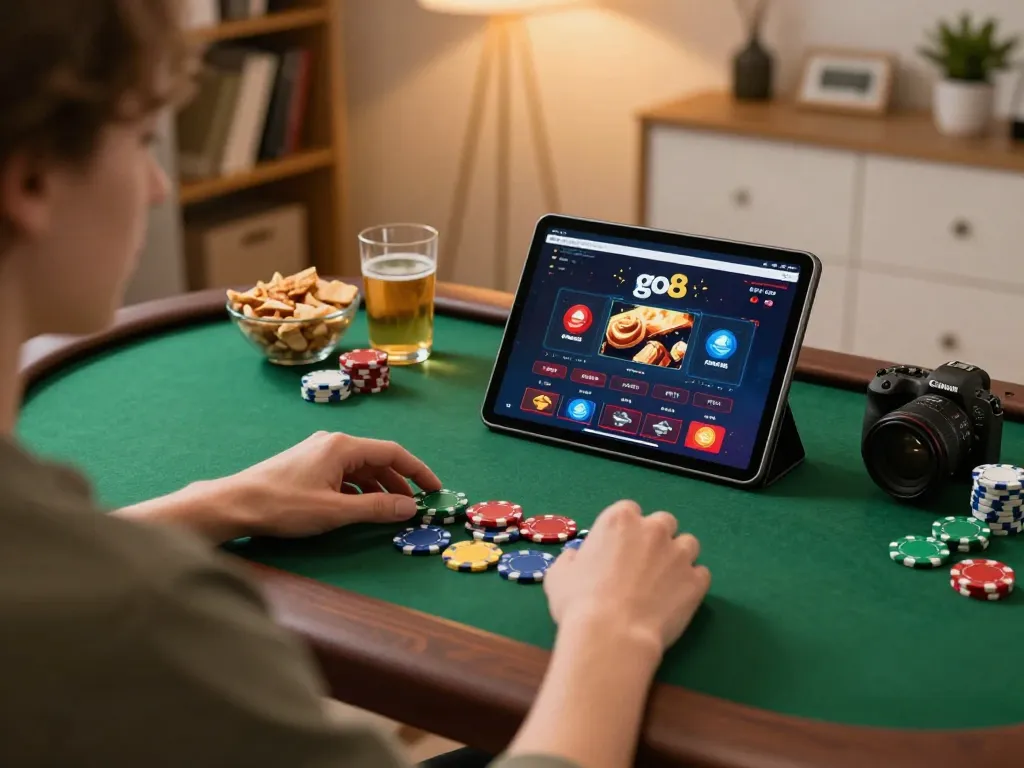 Player enjoying go8 online casino gaming with vibrant tablet interface and poker chips.