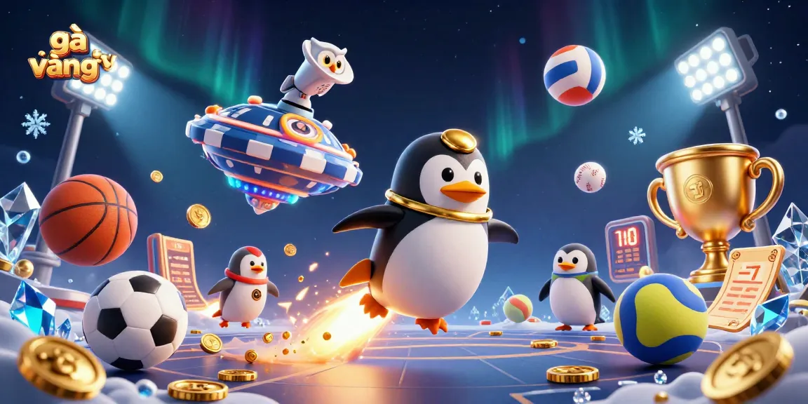 Experience the thrill of gà vàng tv with a vibrant, action-packed casino scene featuring a golden penguin and sports elements.