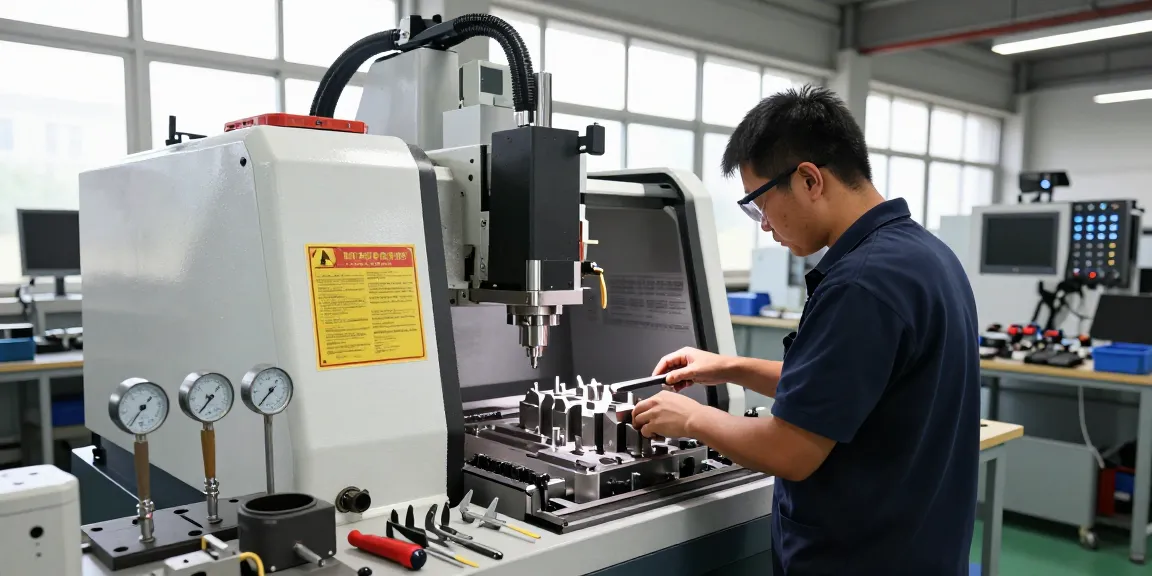 CNC-Technik in modernen Fertigungsumgebungen, Techniker bedient hochpräzise Maschine.