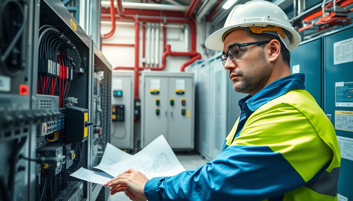 Prüfung ortsfester elektrischer Anlagen durch Fachtechniker in Sicherheitskleidung bei der Inspektion.