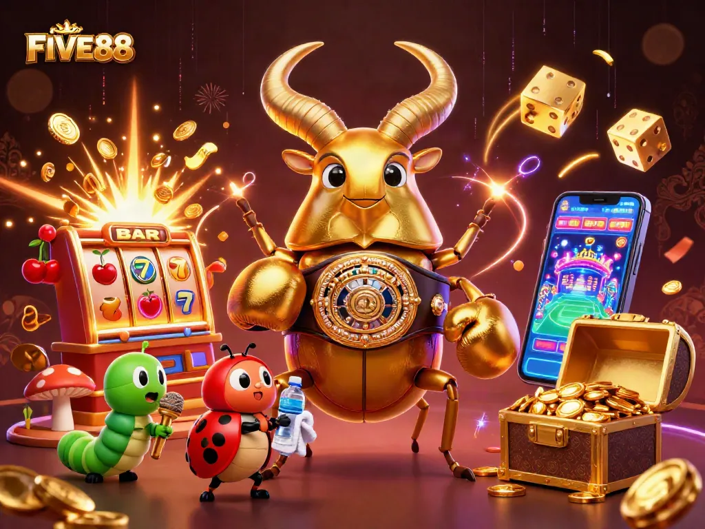 FIVE88 showcases thrilling casino action with vibrant characters and a dynamic slot machine scene.