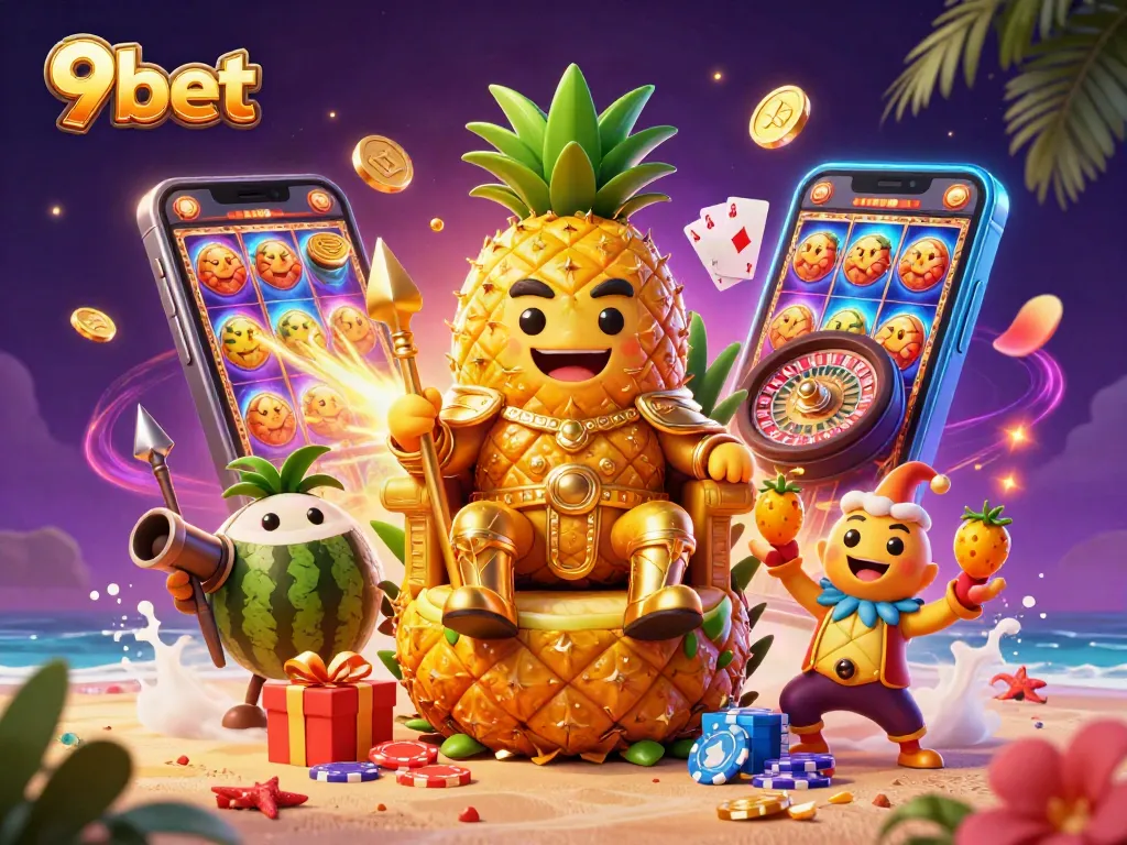 Join the fun with 9bet in this vibrant beach casino scene filled with exciting gaming elements.