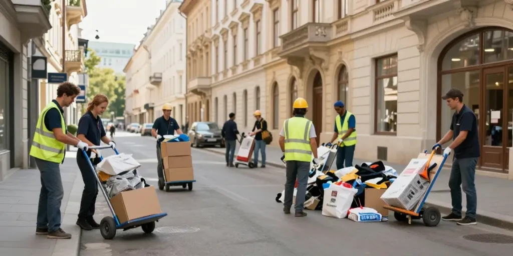 Hausentrümpelung Wien: Professionelles Team bei der Entrümpelung in Wien mit historischen Gebäuden im Hintergrund.