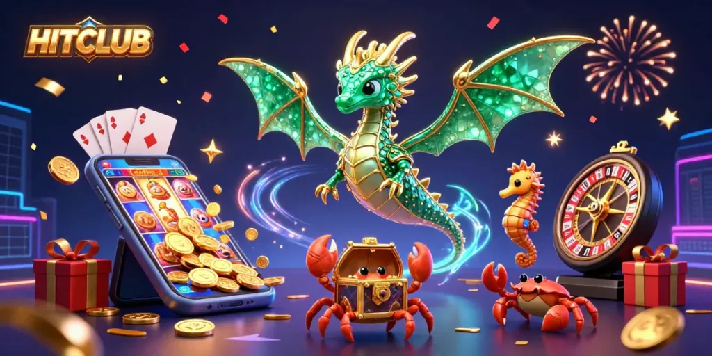Win big at HITCLUB with exciting slot games and vibrant casino elements in a dazzling 3D illustration.