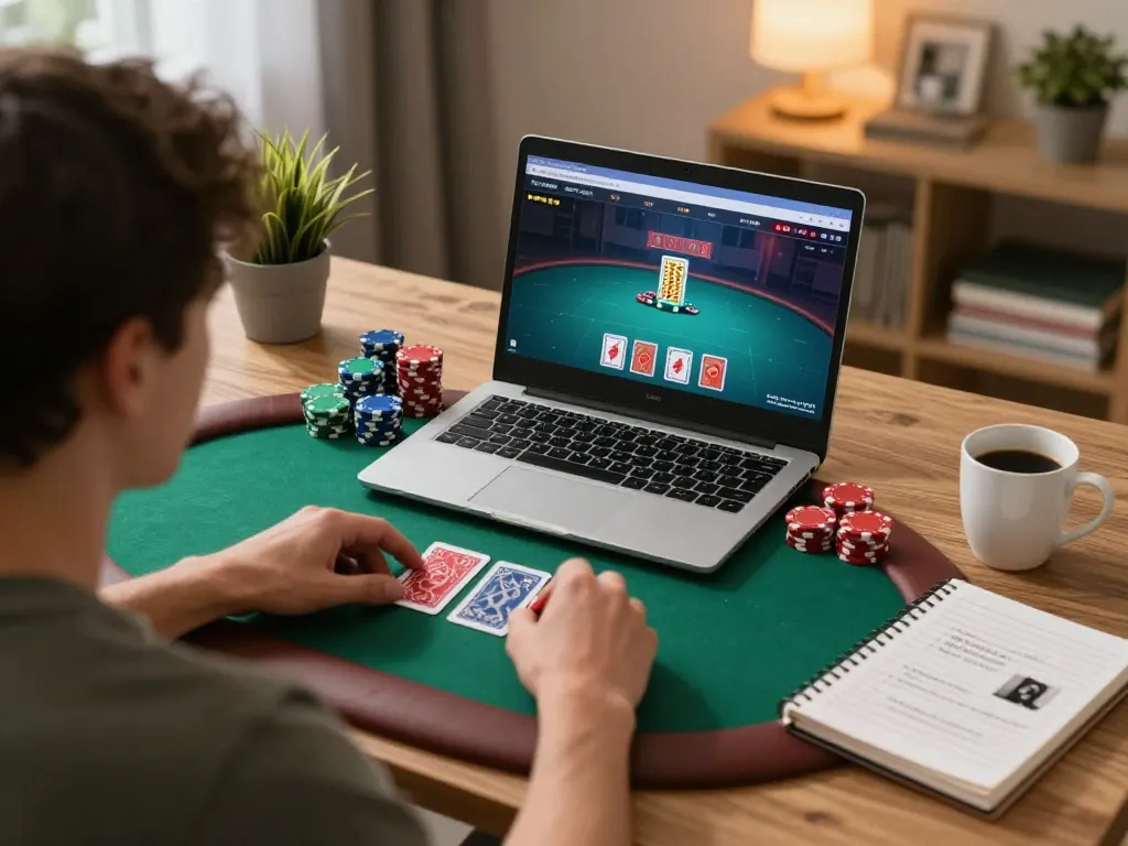 Engaged user plays poker on laptop while exploring nhà cái kp88 strategies, cozy atmosphere enhanced by ambient lighting.