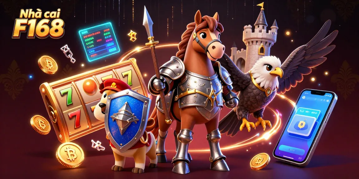 Experience engaging gameplay with Nhà cái F168, featuring a medieval knight and a squire amidst vibrant casino elements.