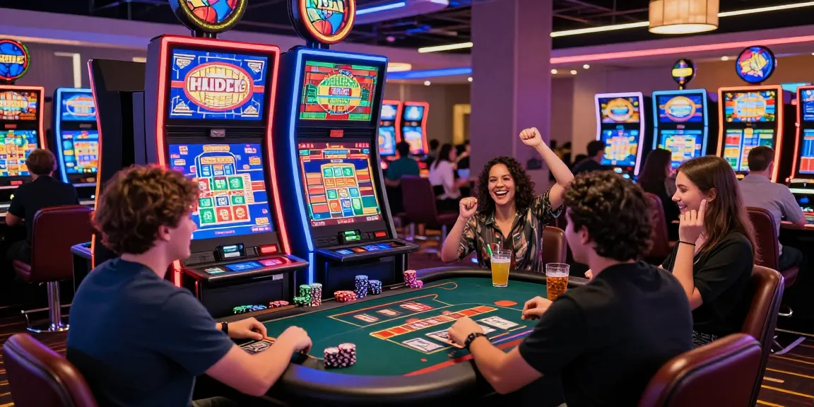 Beef Casino Spieler an modernen Spieltischen mit bunten Spielautomaten und Live-Dealer.