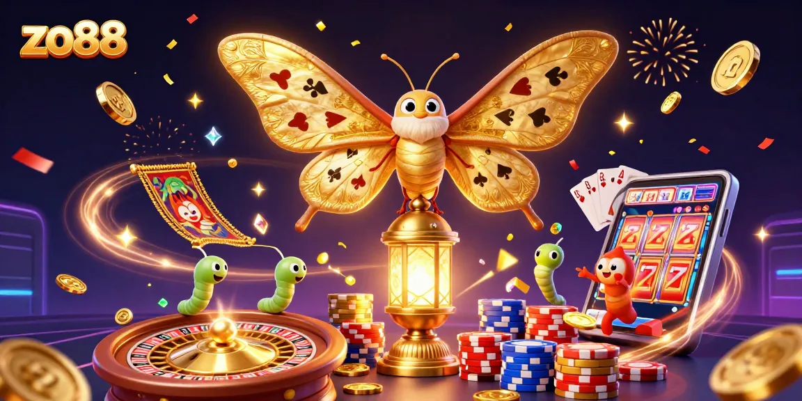 Engage with zo88's vibrant casino scene featuring rich elements like golden coins and a roulette wheel.