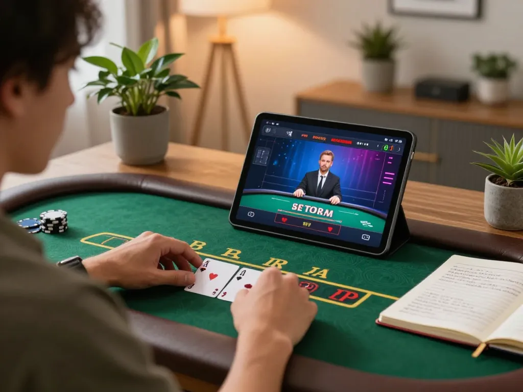 Engaging in a blackjack game at lv 88 using a tablet, highlighting a strategic gambling moment.