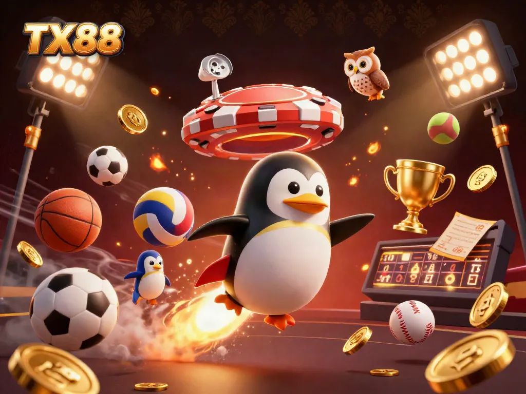 TX88 penguin rockets through the casino universe, scattering gold coins and sports balls.