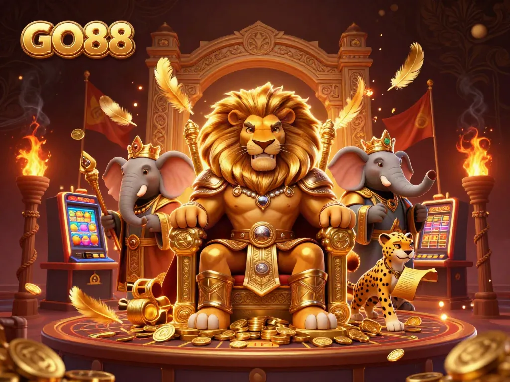 Experience the thrills of GO88 with a dynamic 3D illustration featuring a lion king, elephant advisor, and cheetah messenger in a luxurious casino scene.
