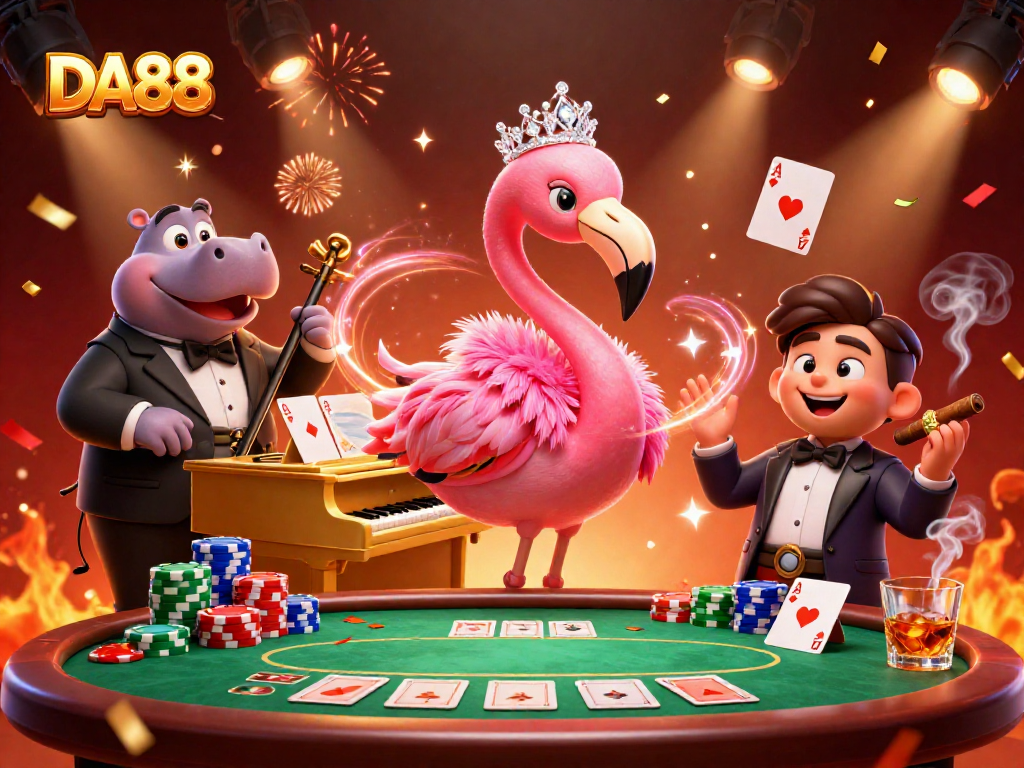 Join the vibrant casino scene at DA88 with a lively flamingo and hippo duo amid poker excitement.