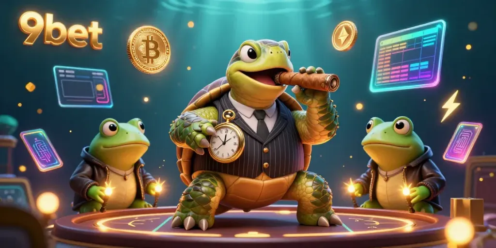 Engage with the thrilling atmosphere of 9bet's vibrant casino world featuring a cartoon turtle and bullfrog enforcers.