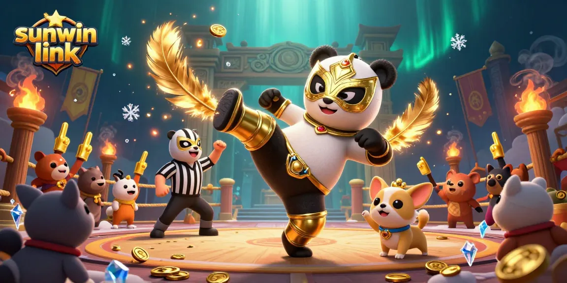 Engage with the dynamic sunwin link 3D scene of a wrestling panda and cheering animals in a vibrant casino setting.