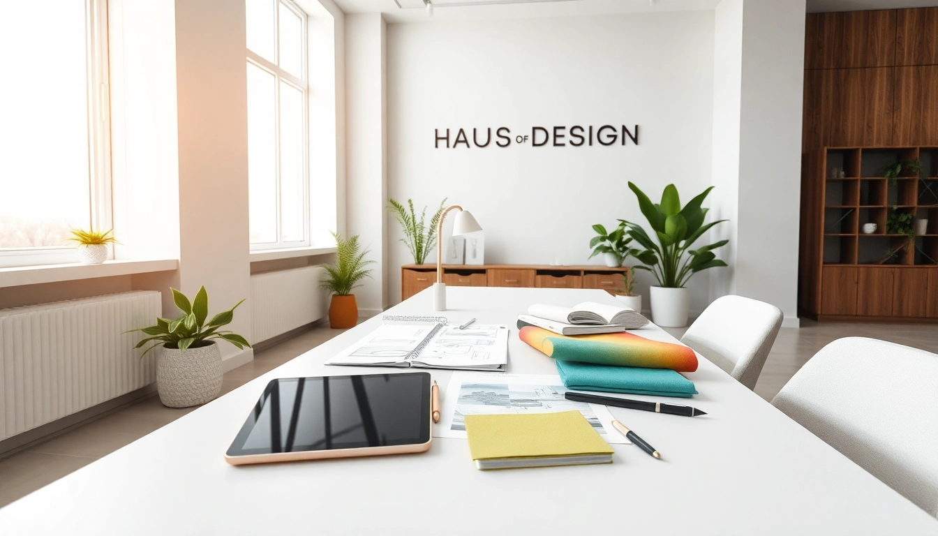 Modern design workspace at Haus of Design showcasing creativity with sketches, digital tools, and greenery.