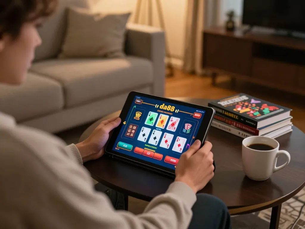 Engaging poker gameplay session using link da88 on a tablet in a cozy home setting.