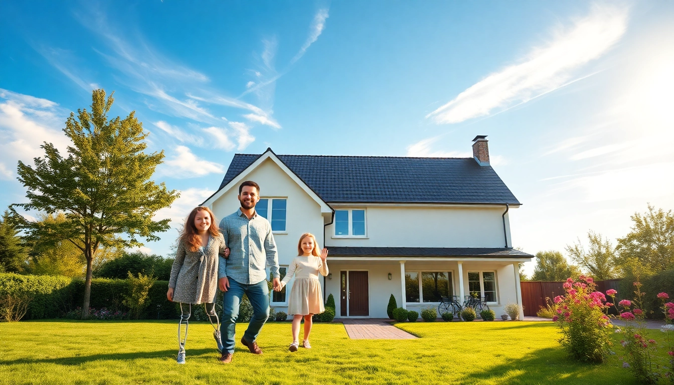 Familie steht glücklich vor ihrem neuen Haus während des Hauskaufs am sonnigen Tag.