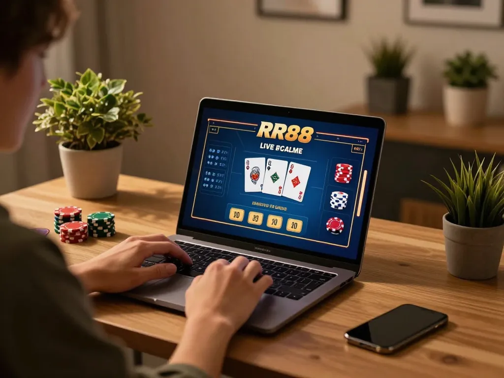 Engaging in RR88 live casino games on a modern laptop setup, showcasing strategic online gambling.