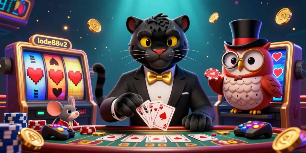 Experience excitement at lode88v2 with a charming casino illustration showcasing playful characters and vibrant game elements.