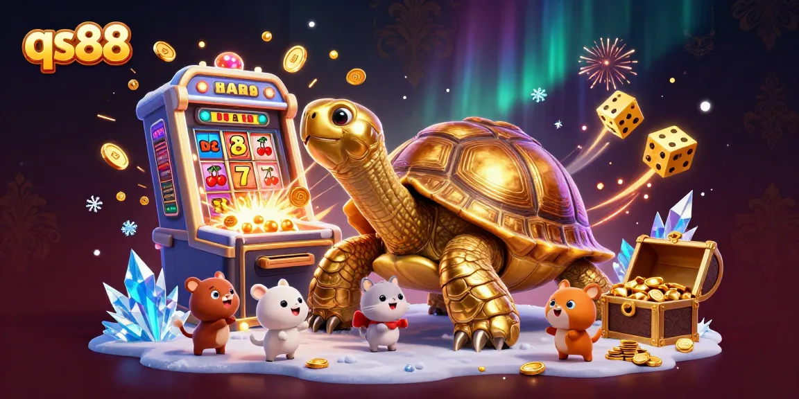 Experience the excitement of qs88 with a golden tortoise pinball machine in this 3D casino illustration.