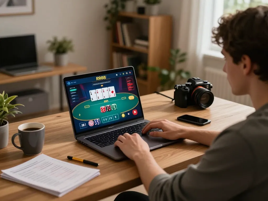 Player using RR88 platform for online poker while enjoying a cozy home setup