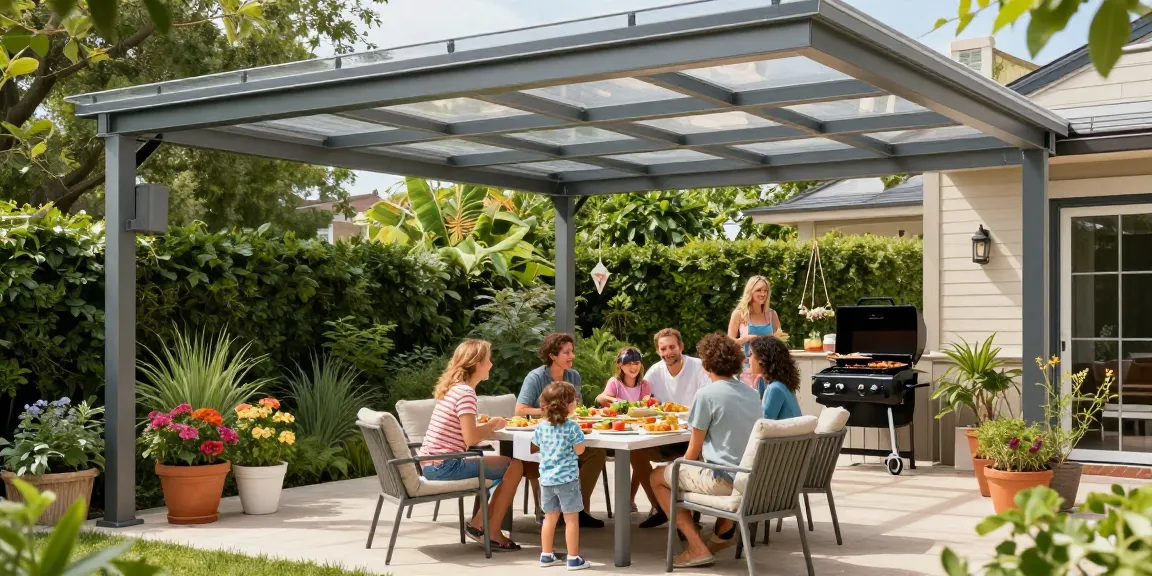 Familie am Grill unter einer Terrassenüberdachung aus Aluminium, lebendige Atmosphäre im Garten