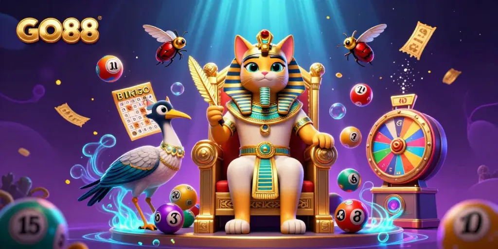 Engage with GO88, featuring a pharaoh cat and ibis by a golden throne in a dynamic casino environment.
