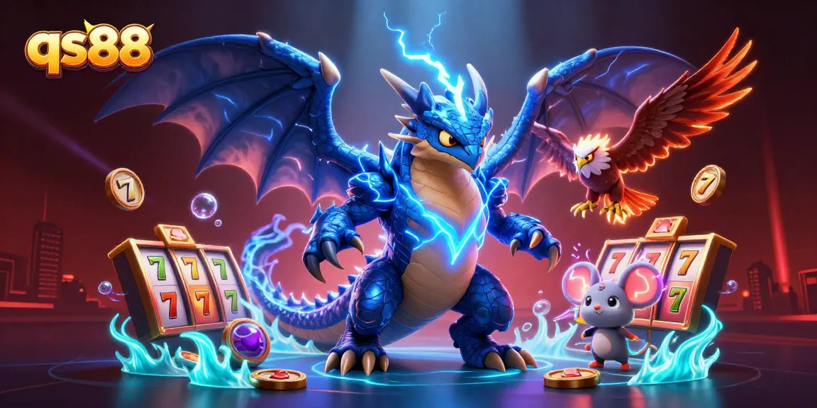 Experience thrilling slot games with qs88's dynamic illustration featuring mythical creatures and rich casino elements.