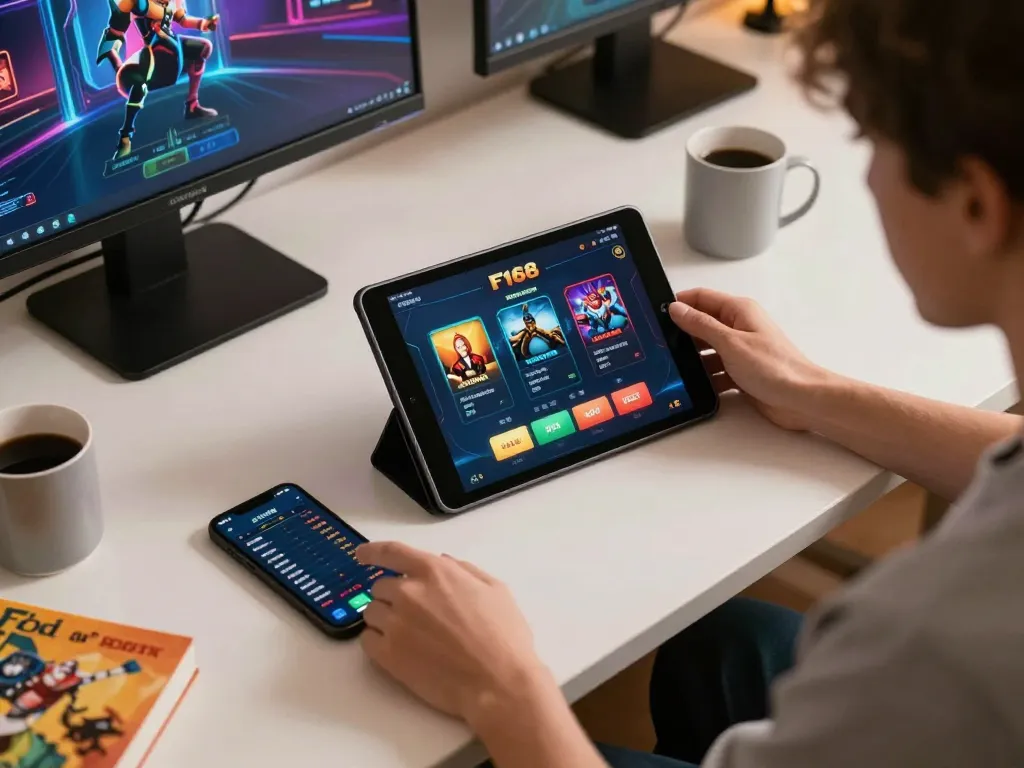 Player engaging with F168 casino app in a cozy gaming setup, showcasing strategic online gambling.