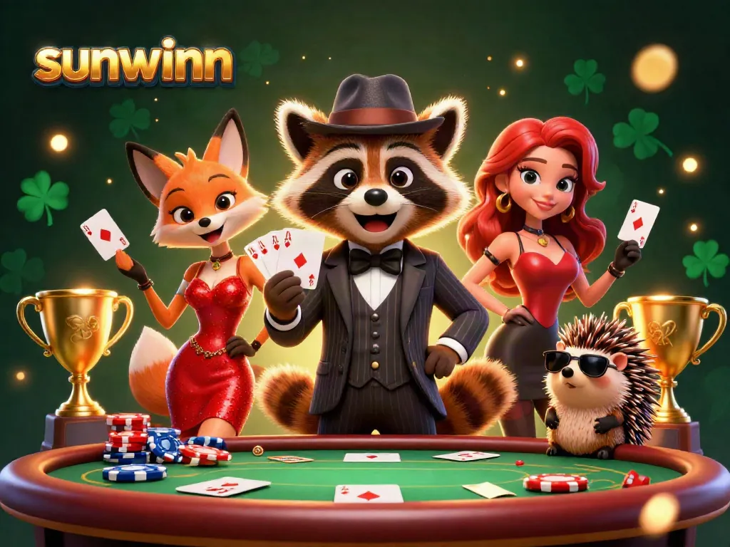 Hit the jackpot with Sunwinn at a vibrant poker table surrounded by dazzling lights.