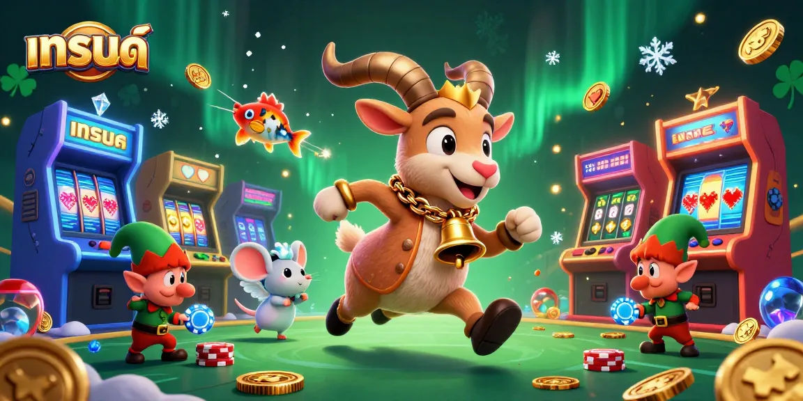 Play thrilling slots and fish shooting games with "แบรนด์" in a vibrant casino scene, featuring cartoon characters and dynamic elements.
