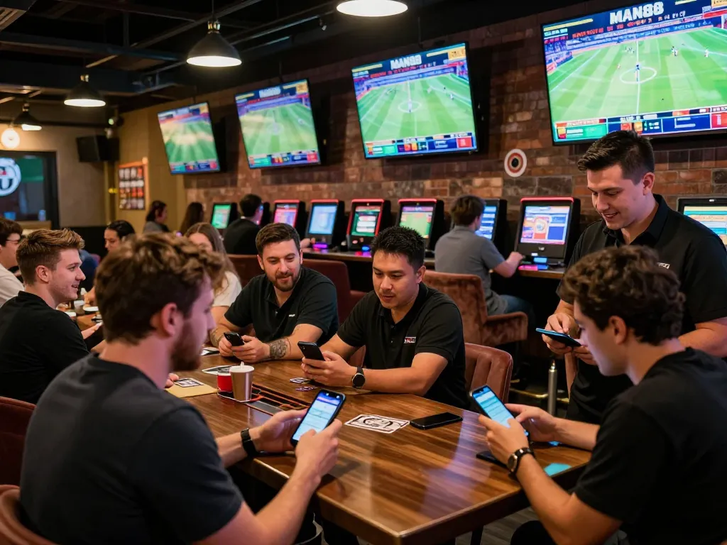 Man88 sports betting lounge with excited patrons checking betting apps on smartphones