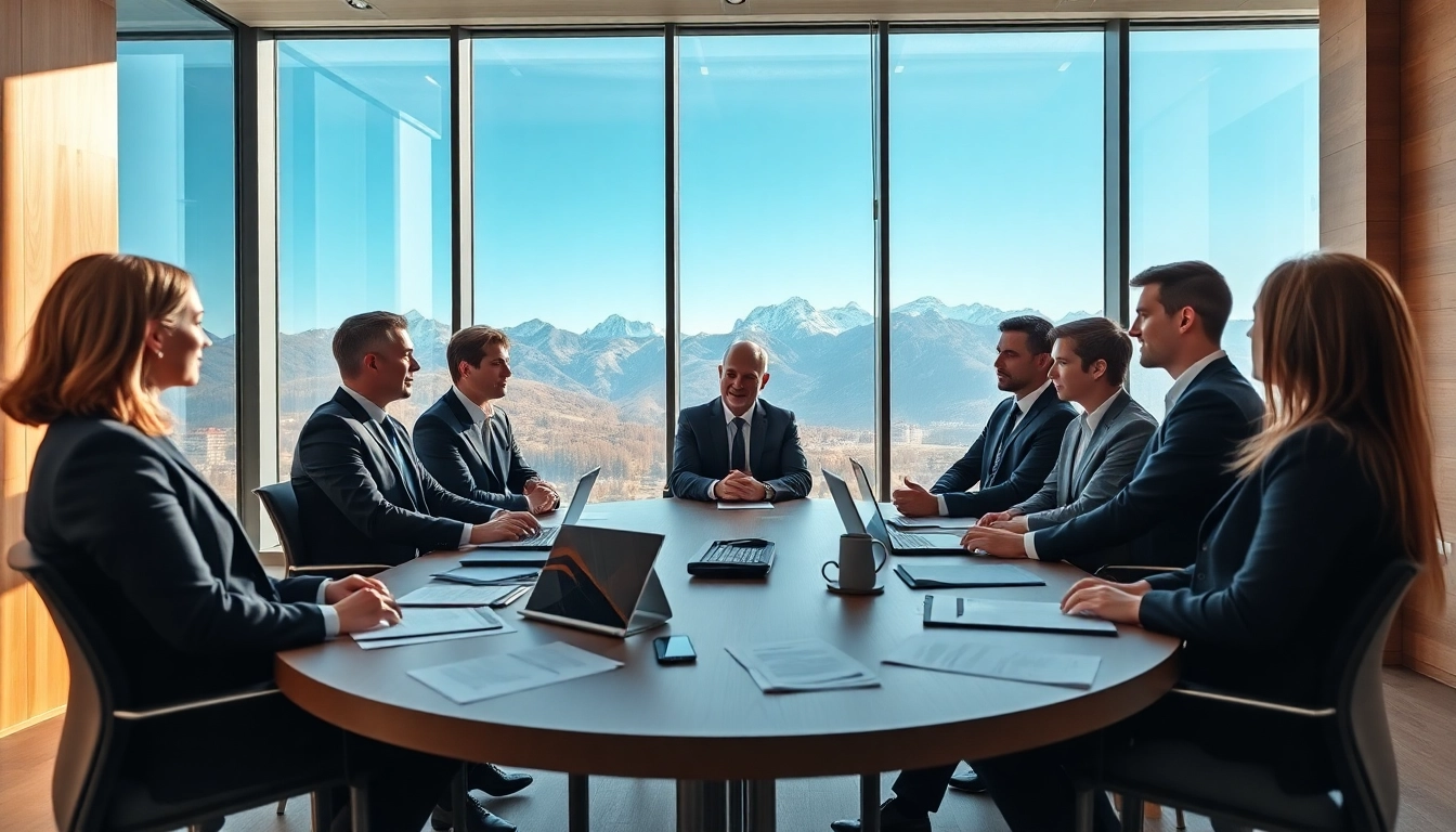 GmbH gründen Schweiz, professionals discussing business setup in a modern office.