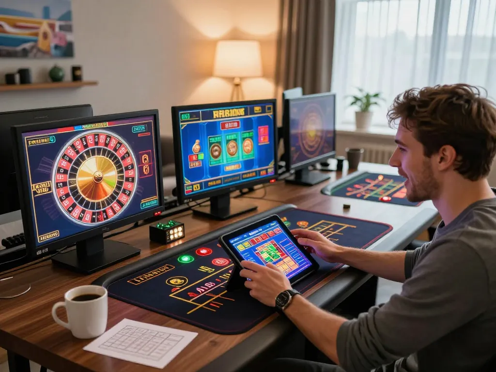 Player enjoying dn88 online casino games on a tablet, surrounded by strategic notes and a cozy home atmosphere.
