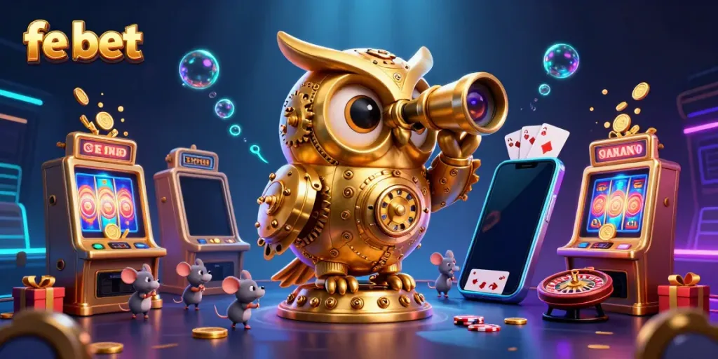 Engage with fe bet in a vibrant online casino scene featuring a golden owl and animated elements.