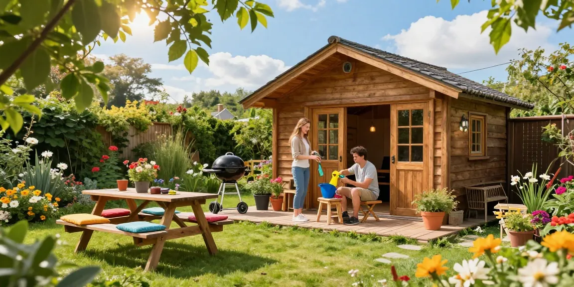 Gartenhäuser inmitten einer blühenden Landschaft mit einem Paar, das Möbel auf der Terrasse aufstellt.