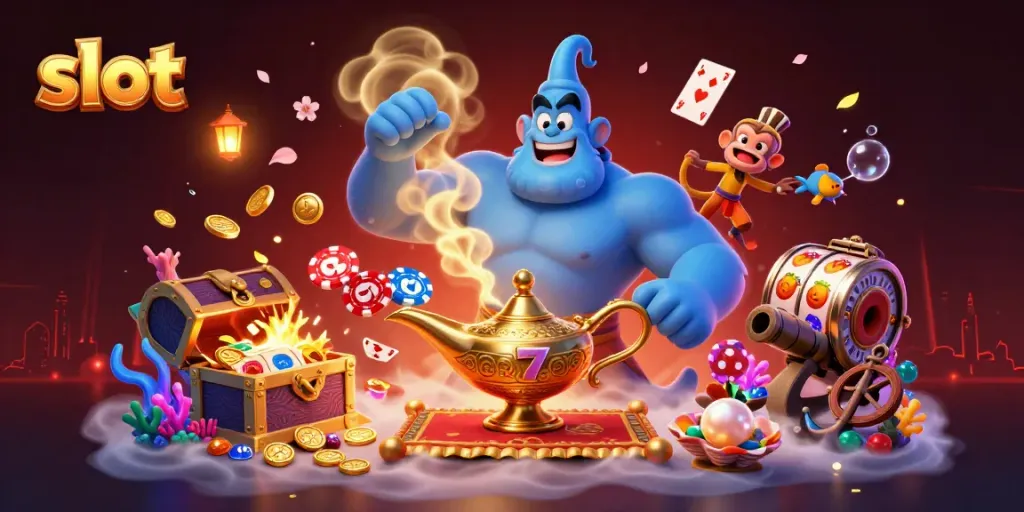 Experience thrilling slots with a magical genie and colorful elements in vibrant 3D illustration.