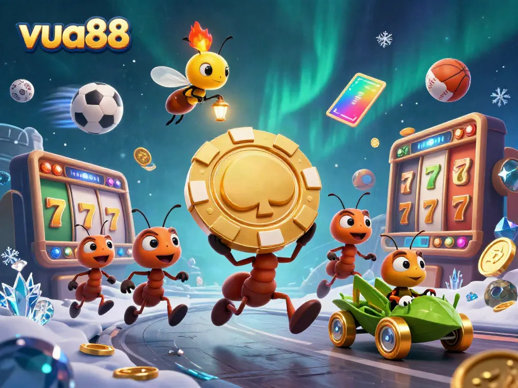 Ants and a grasshopper escape with a giant golden poker chip in a vibrant casino heist scene for Vua88.