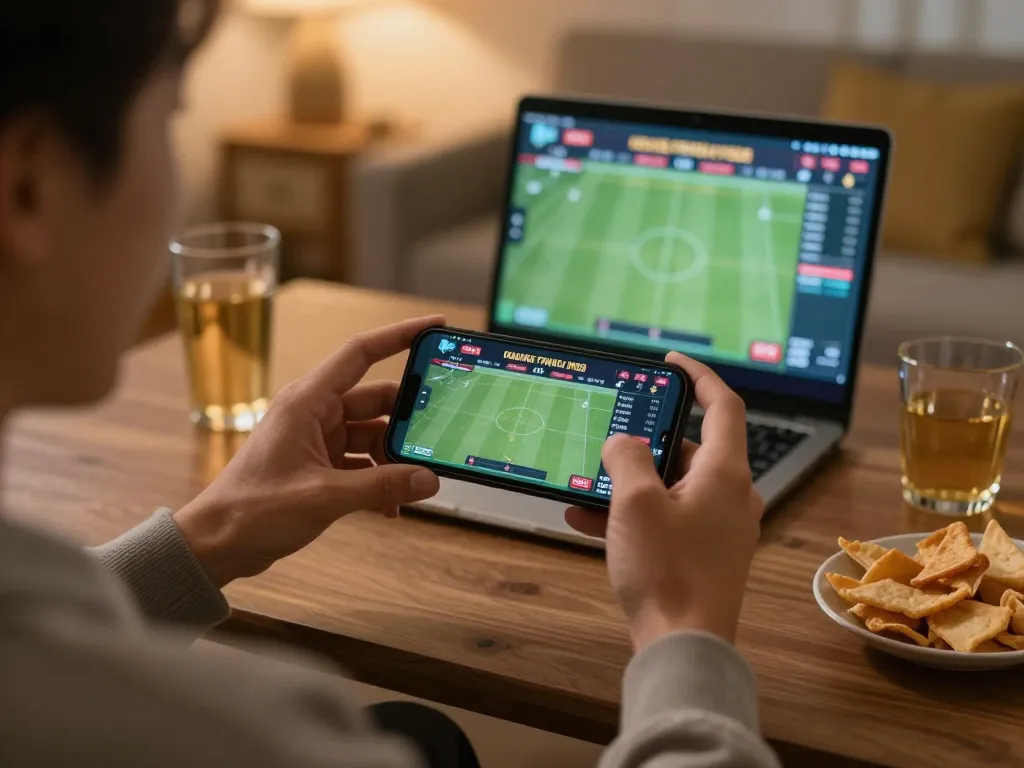 Engaging moment of placing bets on smartphone with nhà cái MM88 during live sports events
